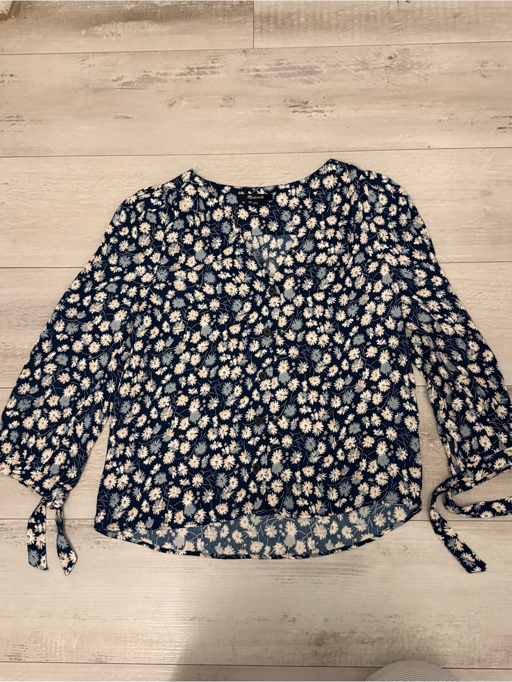 Madewell Navy Daisy Print Tie-Sleeve V-Neck Blouse